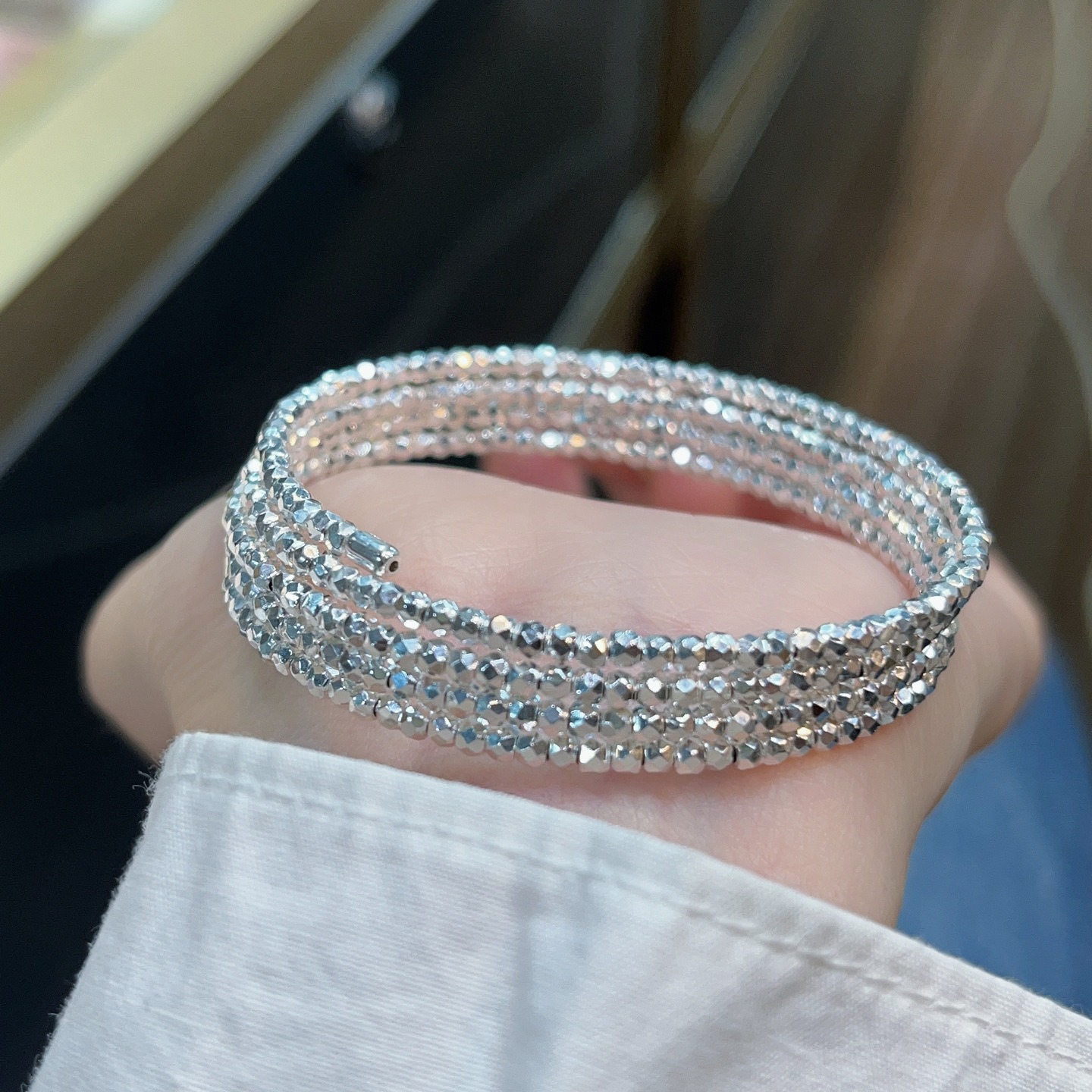 s925纯银碎冰冰多圈爆闪手镯女小众设计韩国ins弹性蹦迪缠绕手环