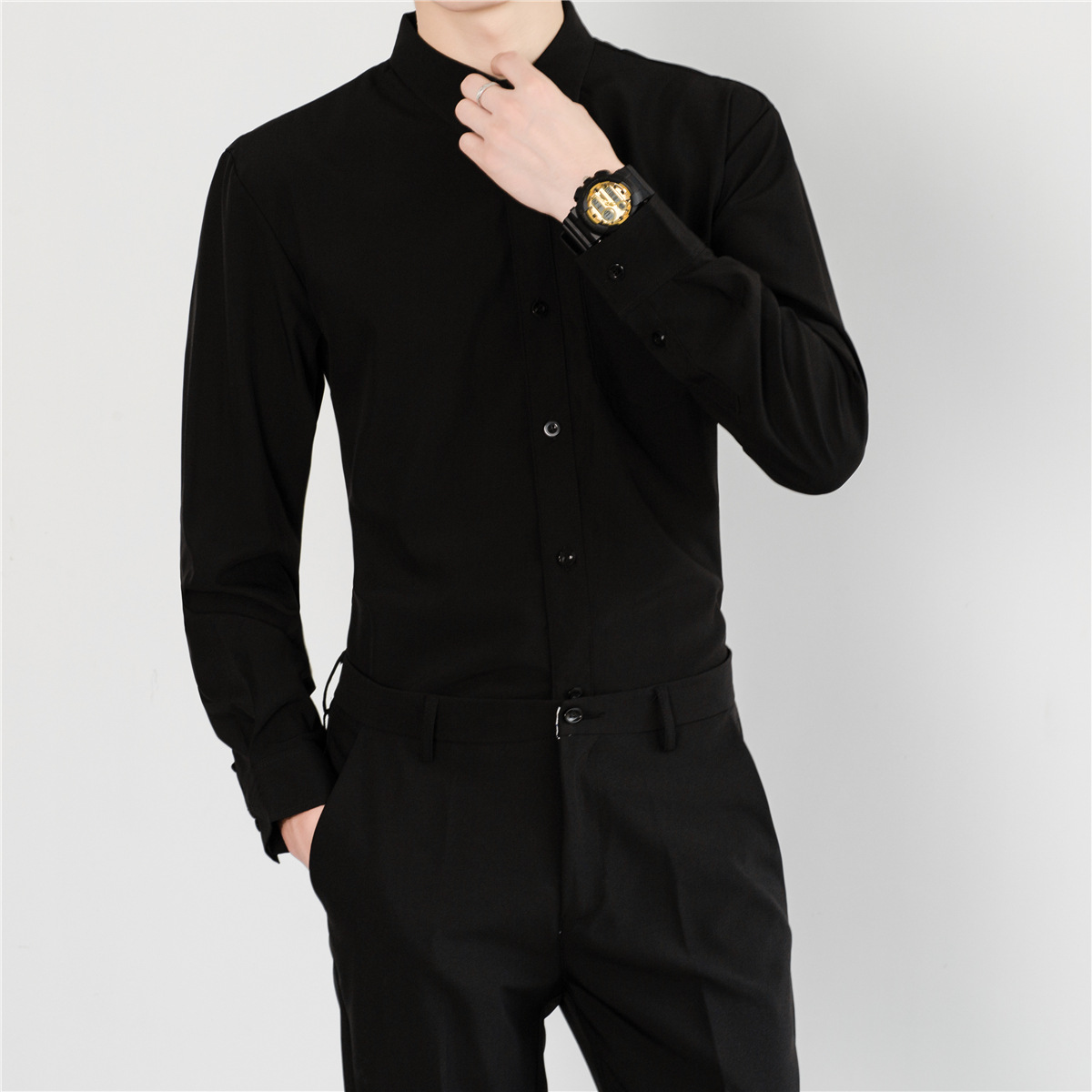 秋季韩版修身长袖衬衫九分西裤一套黑色商务男装休闲潮流打底衬衣