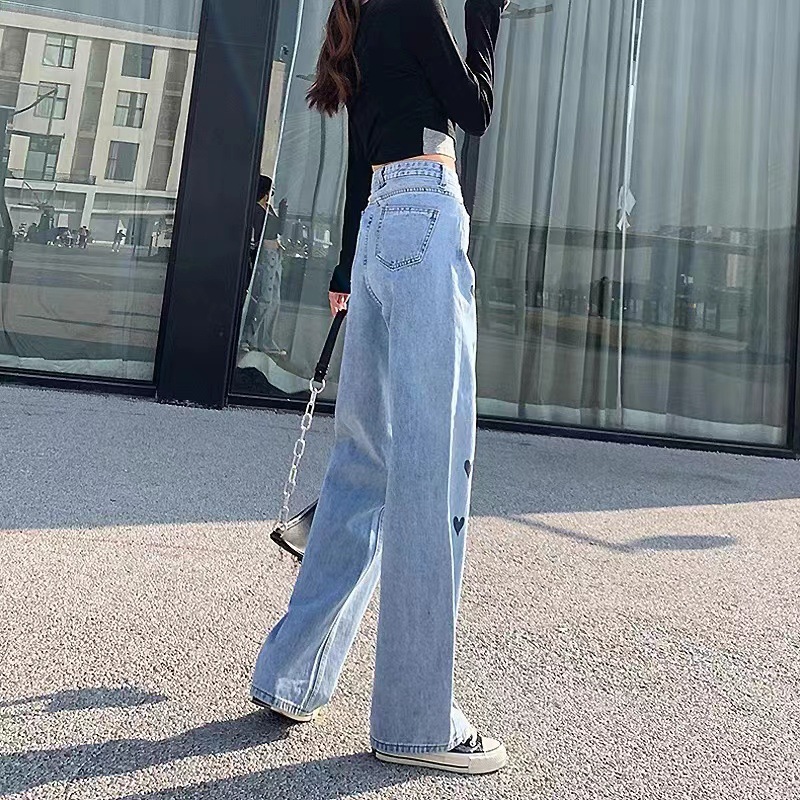   Straight Jeans Female with Hearts 2023 New High Waist Slimming All-Matching Summer Thin oose Drooping Wide eg Pants