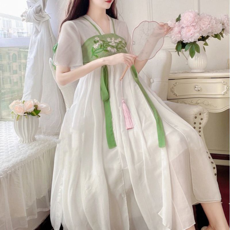 夏季新款复古风改良版汉服裙大码300斤胖日常减龄仙女连衣裙子