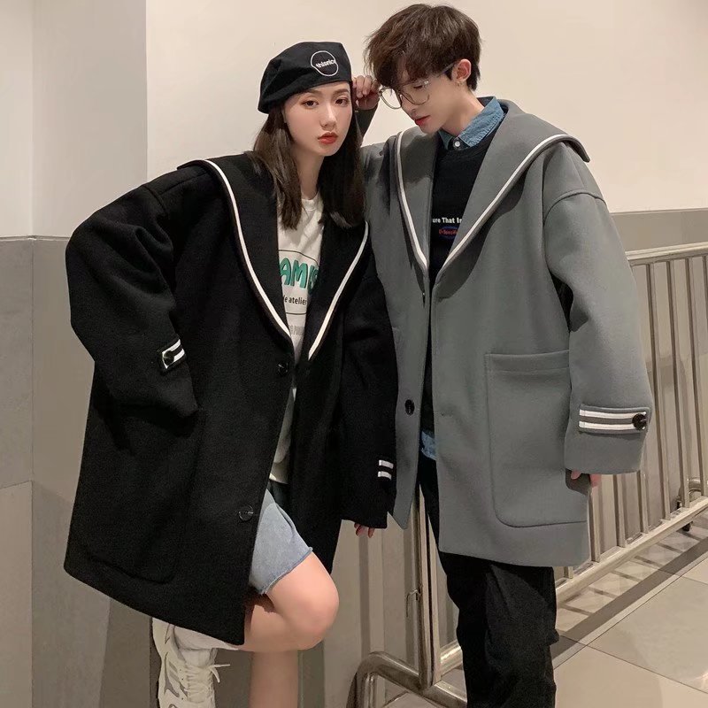 情侣装秋冬装外套男女春秋季日系学院风毛呢大衣中长款宽松风衣潮