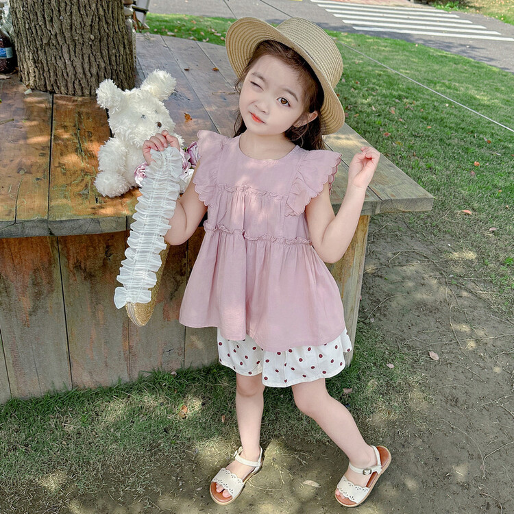 女童衬衣宝宝公主上衣2024夏装新款小女孩小飞袖娃娃衫无袖衬衫