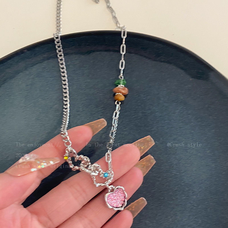 Colored Loving Heart Small Pieces of Silver Beaded Titanium Steel Necklace Female with Hearts Simple Y2g Retro Easy Matching Design Clavicle Chain