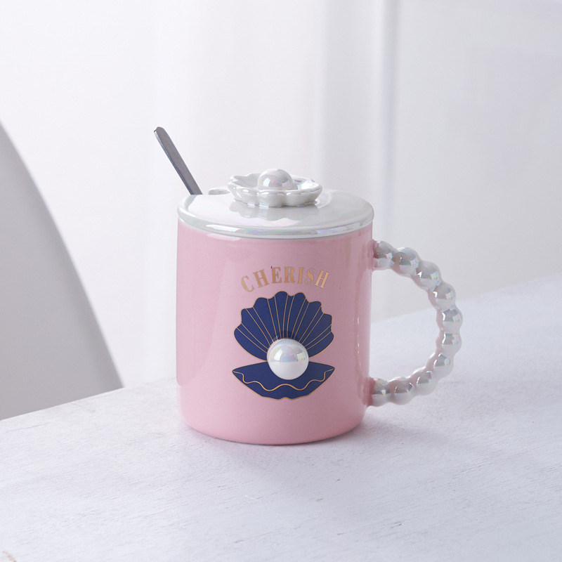 Pearl Shell Spoon with Lid Mug Internet Celebrity Pearl Glaze Ceramic Cup Creative Trend Gradient Drinking Cup