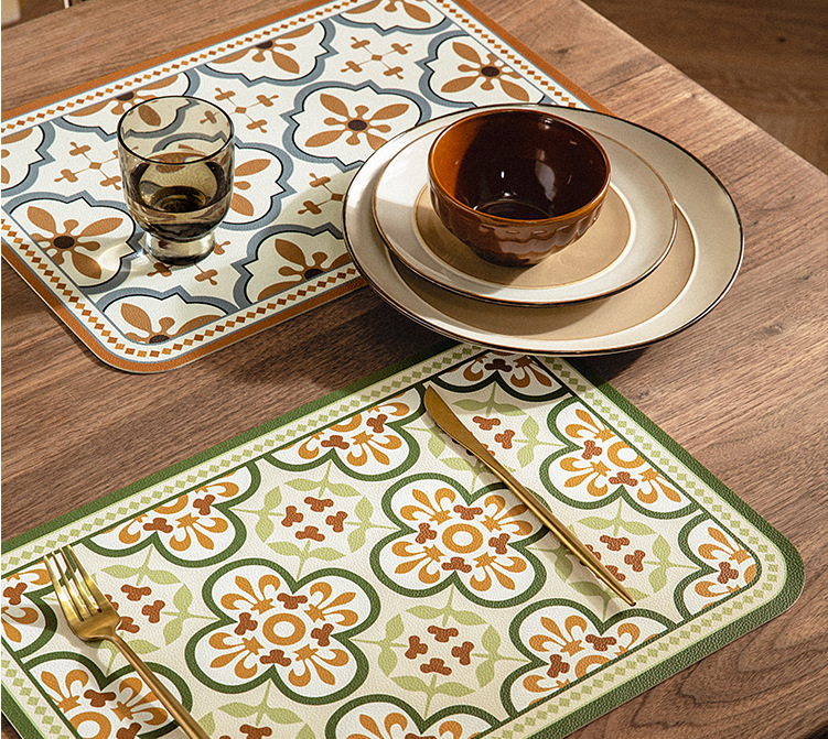 复古轻奢皮革桌垫现代花卉风浪漫西餐垫隔热垫家用碗垫图案手绘图