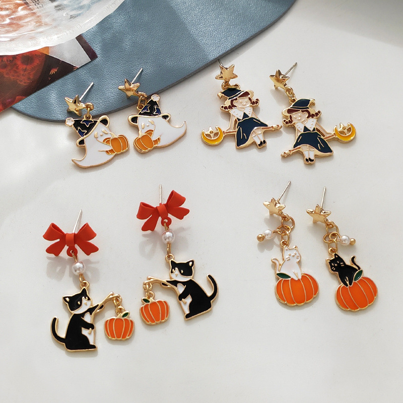 Self-Designed 2022 Christmas Halloween Pumpkin Lamp Stud Earrings Funny Creative Cute Kitty New Ear Clip 6091