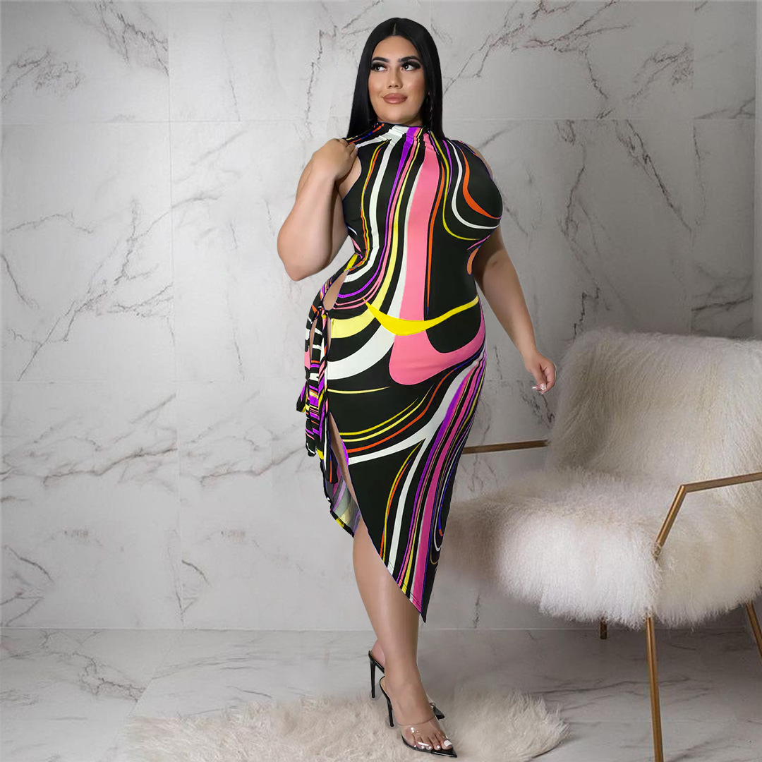 ap7077 欧美时尚大码女装亚马逊夜店 多色性感绑带镂空开叉连衣裙