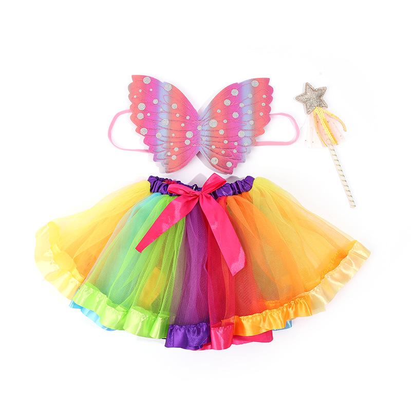 欧美万圣节网纱蓬蓬裙纱裙儿童节彩虹拼接tutu半身公主裙童装裙糖