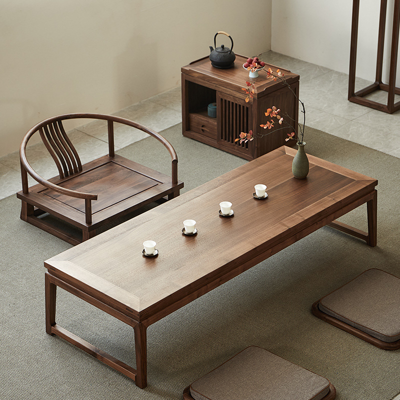 日式矮茶桌禅意茶几榻榻米实木炕几坐地飘窗桌功夫茶桌黑胡桃木