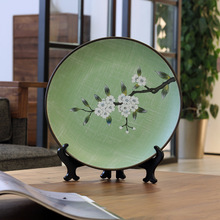 创意新中式绿底绣线雪柳陶瓷摆盘挂盘装饰摆件