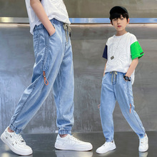 Z371早阳童2021夏季新款个性拉绳设计洋气韩版时尚束脚牛仔裤男童