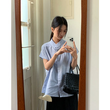 EVERTRUE 新中式夏季衬衫显瘦亚麻短袖衬衫女翻领纯色衬衣31969