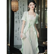 新中式复古风针织短袖连衣裙轻国风两色高级感修身度假风旅游长裙