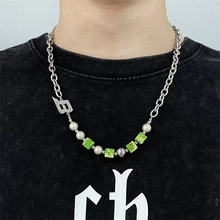 韩版清新夏季绿色串珠拼接字母项链男高级感小众设计女锁骨链饰品