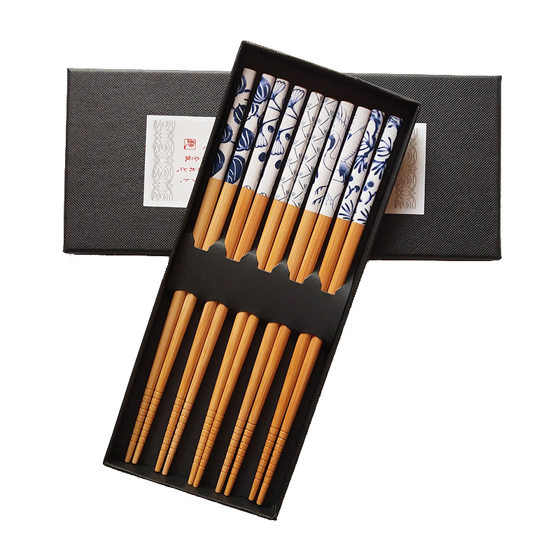 新品中国风手绘仿瓷花纹工艺五双礼盒装竹筷家庭用分餐筷子竹木筷