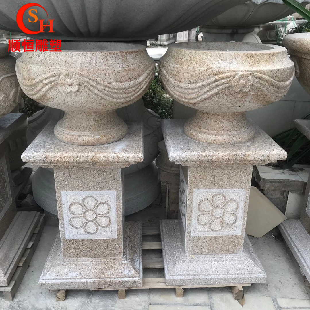黄锈石成品花钵欧式石材花岗岩花盆户外别墅小区石雕花坛