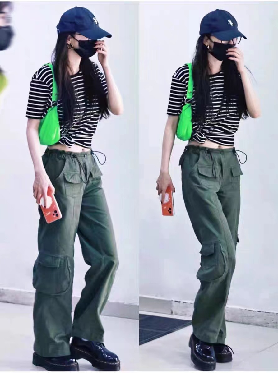 bm风新款杨幂同款多口袋军绿色工装裤bm美式高腰长裤直筒休闲裤女