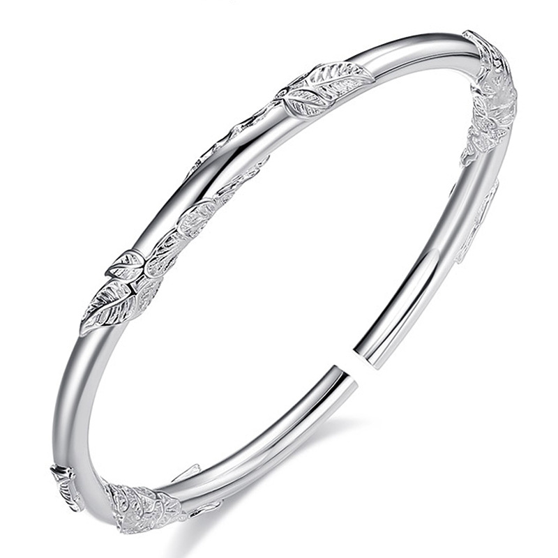 镀银相思藤树藤手镯 开口繁花纹理民族风实心开口年轻款花叶手镯