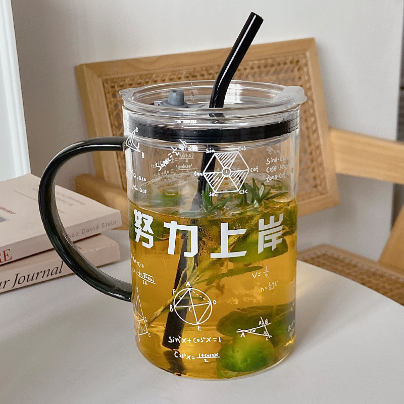 Glass Creative 1000ml Large Capacity Glass Water Cup with Lid and Straw Printing Ins Style Simple Water Cup