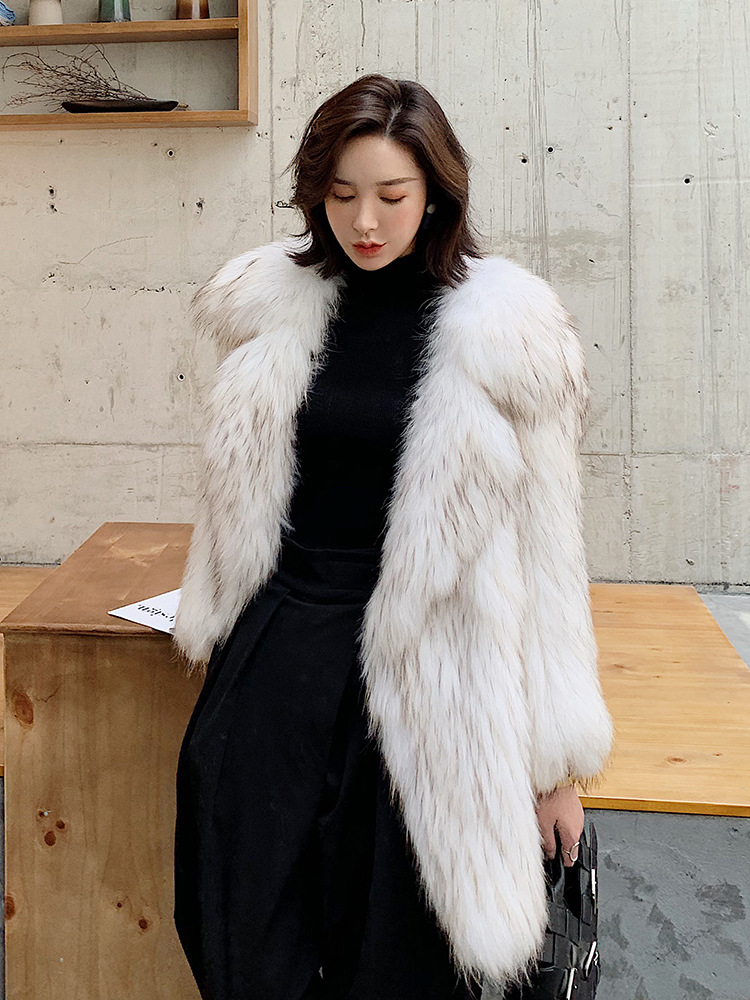 2022新款貉子毛编织皮草外套女中长款 韩版保暖西装领狐狸毛大衣