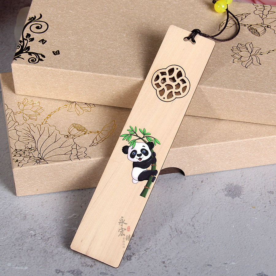 红木书签 黄杨木彩绘功夫熊猫书签 商务礼品纪念品刻字 书房用品