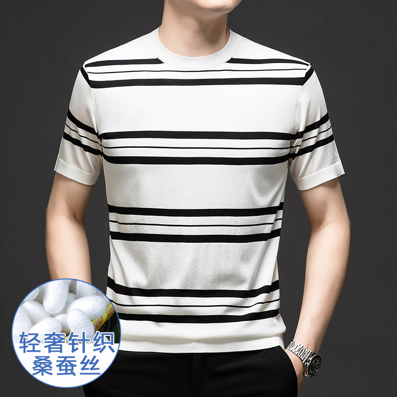 恒源详2024夏季新款针织短袖t恤男青年时尚休闲圆领条纹桑蚕丝t恤
