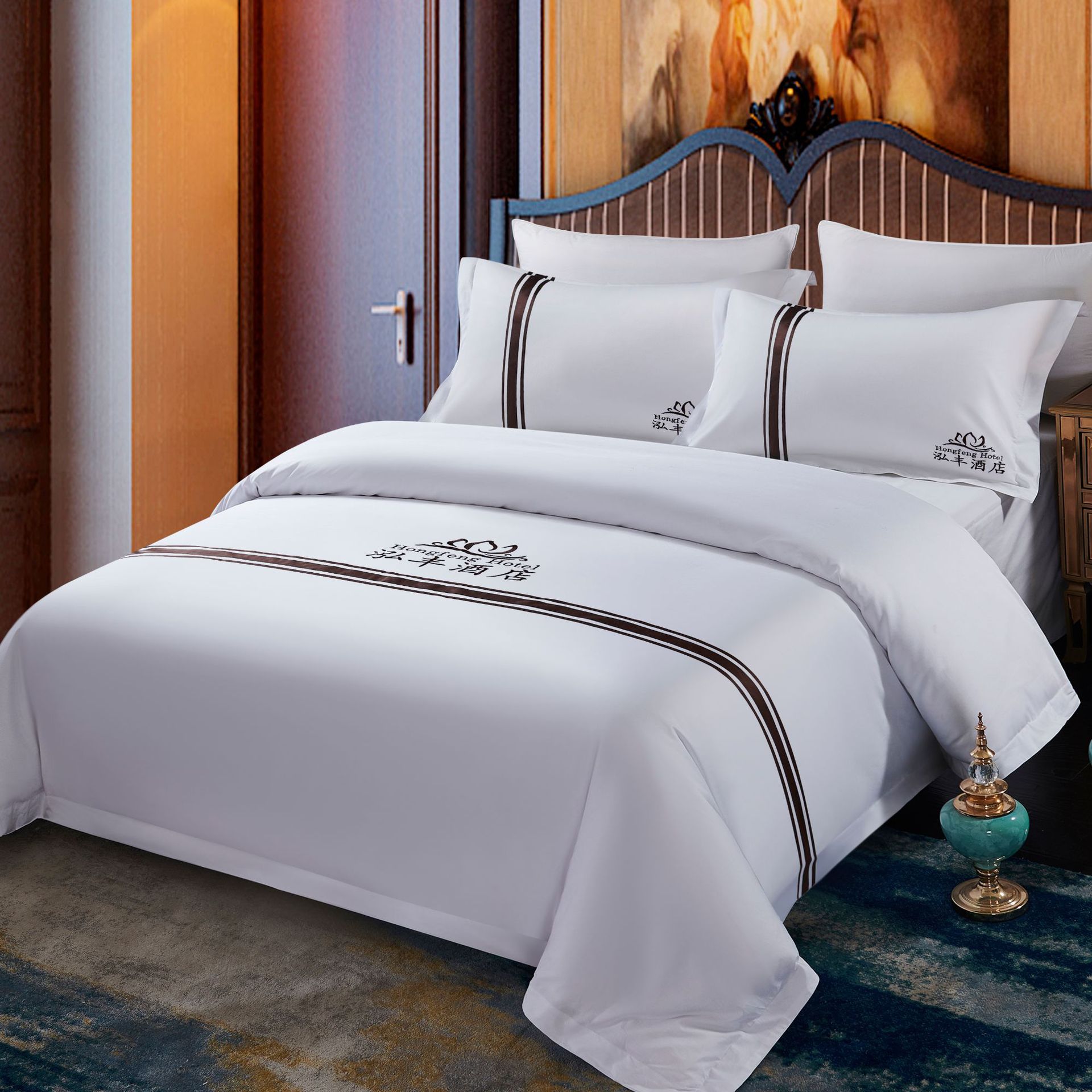 宾馆民宿定制logo特色绣花四件套 酒店布草宾馆床上用品全棉贡缎-阿里