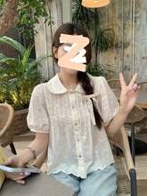 2024夏季新款韩版甜美蝴蝶结刺绣短袖娃娃领衬衫上衣女
