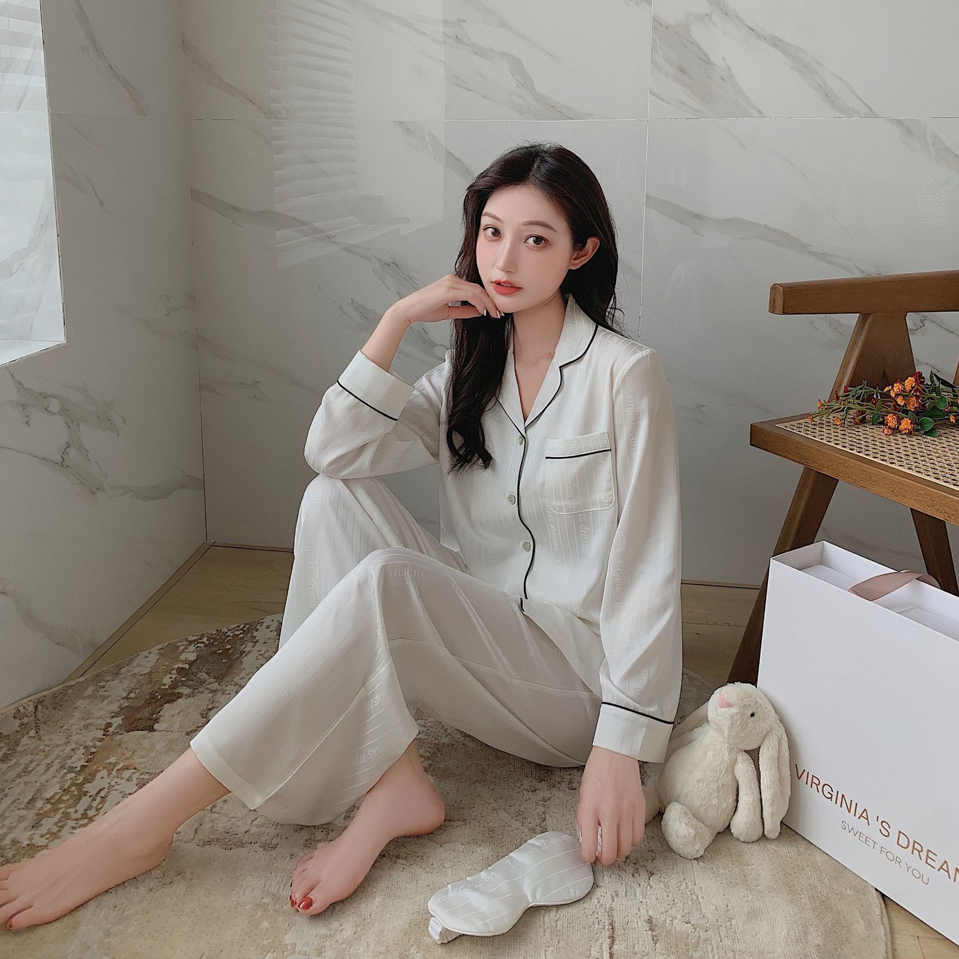 2021夏季新款冰丝睡衣女长袖长裤情侣套装冰感丝绸家居服可外穿