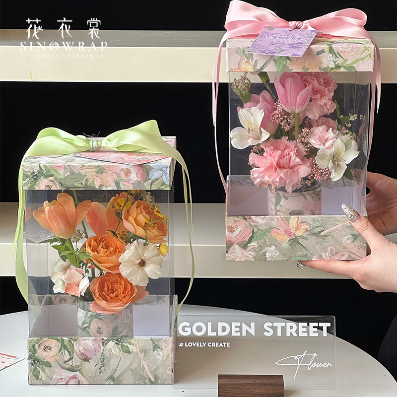 flower dress mother‘s day transparent hand flower box flower arrangement box square pvc transparent flowers packing boxes