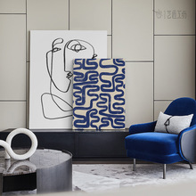 现代客厅背景墙抽象线条艺术画大幅落地装饰画蓝色挂画