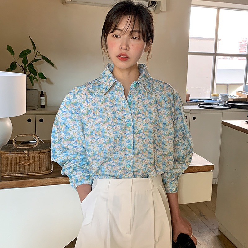 2024春夏秋新款韩国chic温柔甜美小碎花休闲衬衫长袖翻领上衣女装