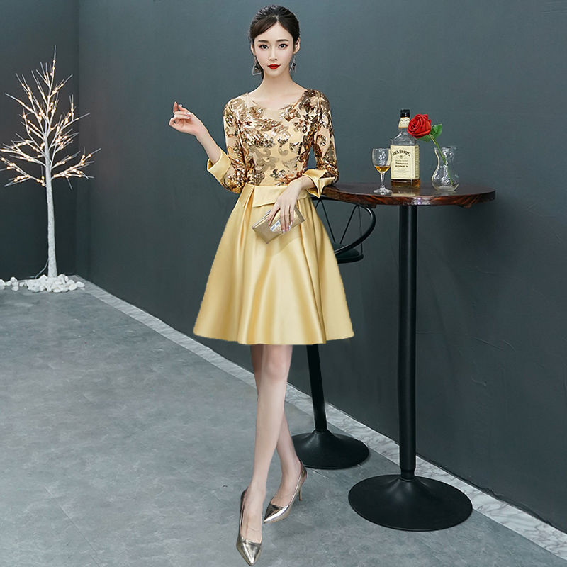 金色亮片小晚礼服女平时可穿气质高贵主持人短款成人礼宴会连衣裙