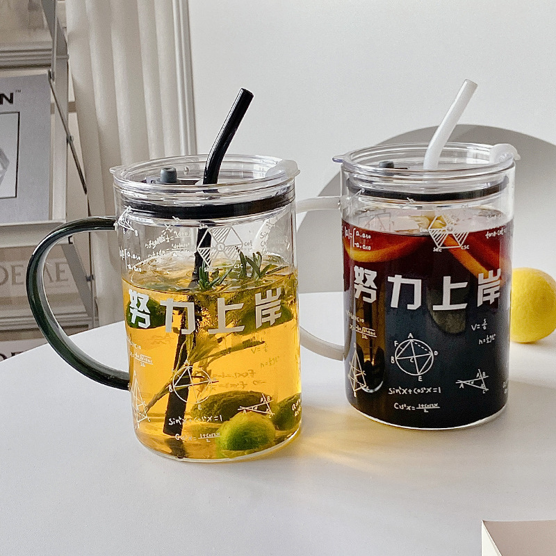 Glass Creative 1000ml Large Capacity Glass Water Cup with Lid and Straw Printing Ins Style Simple Water Cup