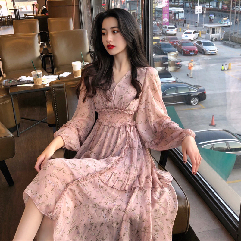 夏法式新款通勤复古裙山本过膝长裙很仙桔梗裙碎花雪纺连衣裙女装