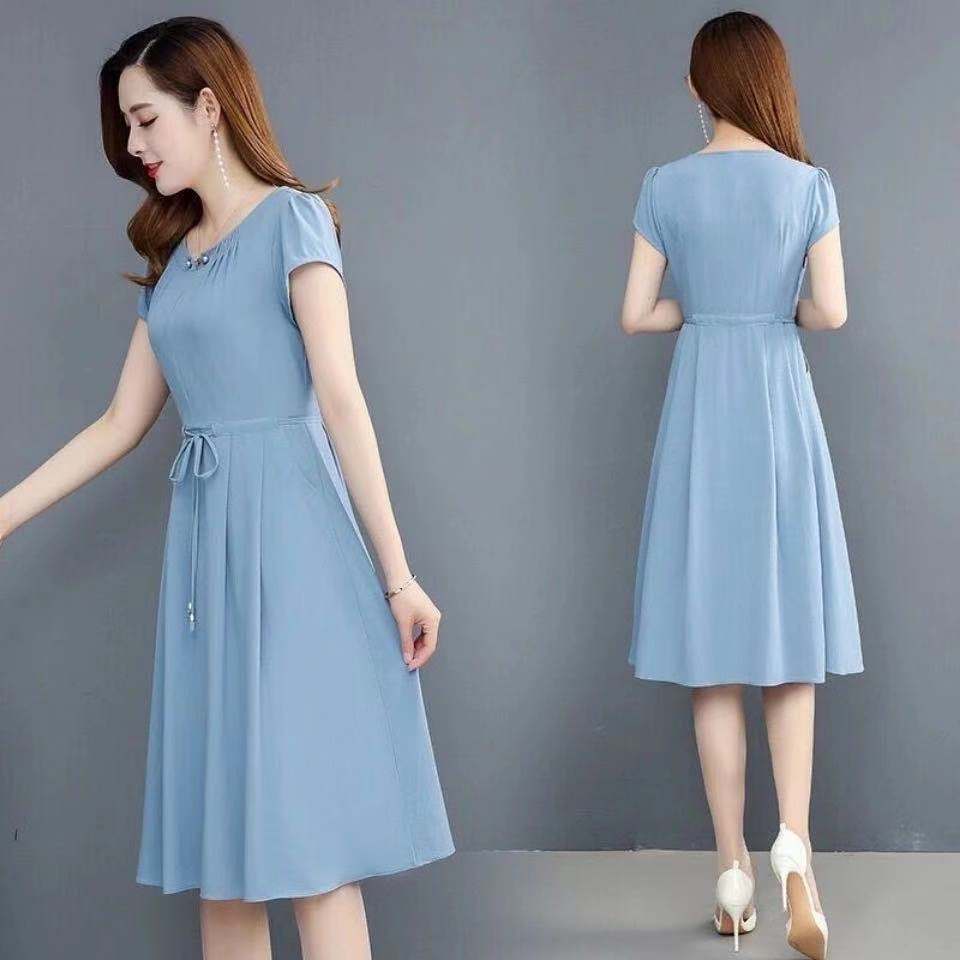弹力冰丝夏季韩版时尚气质v领雪纺连衣裙女中长款系带显瘦a字裙