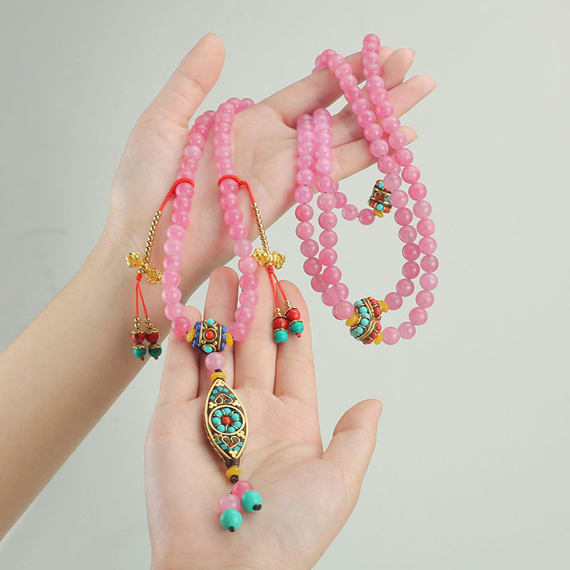 Long National Style New Chinese Style Oblique Broken Chain Powder Stone Handmade Beaded Back Necklace Multi-Purpose Ethnic Style Clothes Lanyard