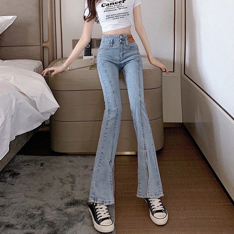   Front Slit Skinny Jeans for Women Spring and Summer New Elastic High Waist Tight Slimming Mopping Flared Pants