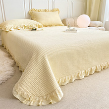 高档砂洗床盖夹棉单件全棉绗缝床单三件套韩式双层花边四季通用