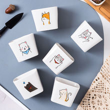 多肉花盆陶瓷批发正方形可爱猫咪图案约创意卡通肉肉盆带竹托包邮