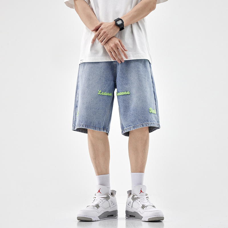 2024夏季新款水洗牛仔短裤男潮牌宽松刺绣美式嘻哈休闲直筒五分裤