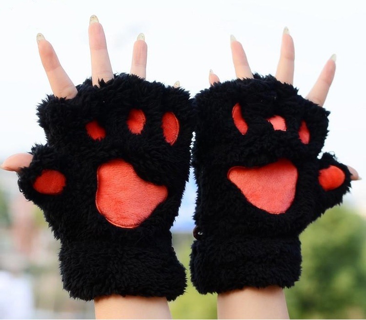 2022 Cat's Paw Gloves Women's Autumn and Winter Korean-Style Cute Girls' Open Finger Thickened Warm Hand-Shaped Brush Plush Half Finger Gloves