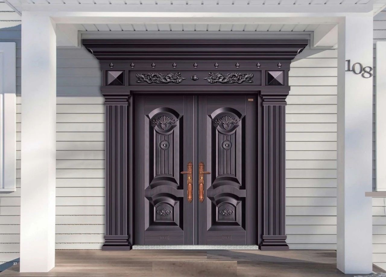 【厂家定制】别墅时尚大门锌合金镀铜拉丝防盗门双开门甲级进户门