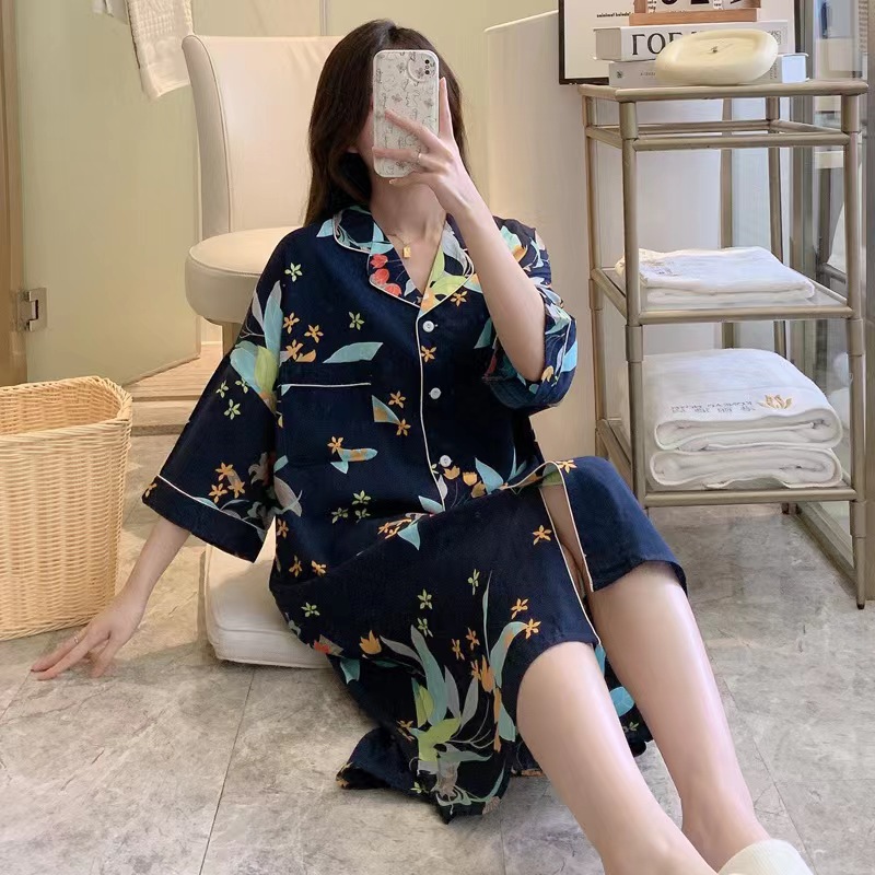 European Style Artificial Cotton Nightdress Women's Summer Thin Short-Sleeved Cardigan plus Size Shirt Dress Spring and Autumn Can Be Worn outside Cotton Silk Home Clothing