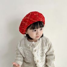 2023秋冬新款复古红格子儿童贝雷帽圣诞新年亲子帽 成人画家帽