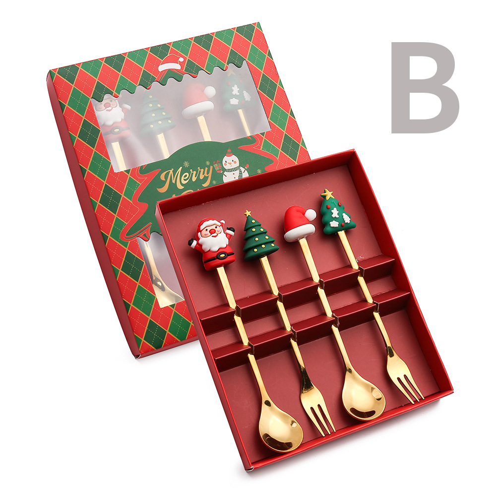 Q Christmas Spoon Tableware Set Snowman Elk Coffee Spoon Santa Claus Fruit Fork Doll Spoon Fork Gift