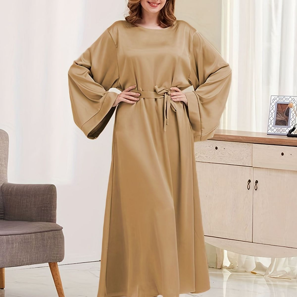 跨境热款 缎面纯色长袍朴素穆斯林女装连衣裙 116-阿里巴巴