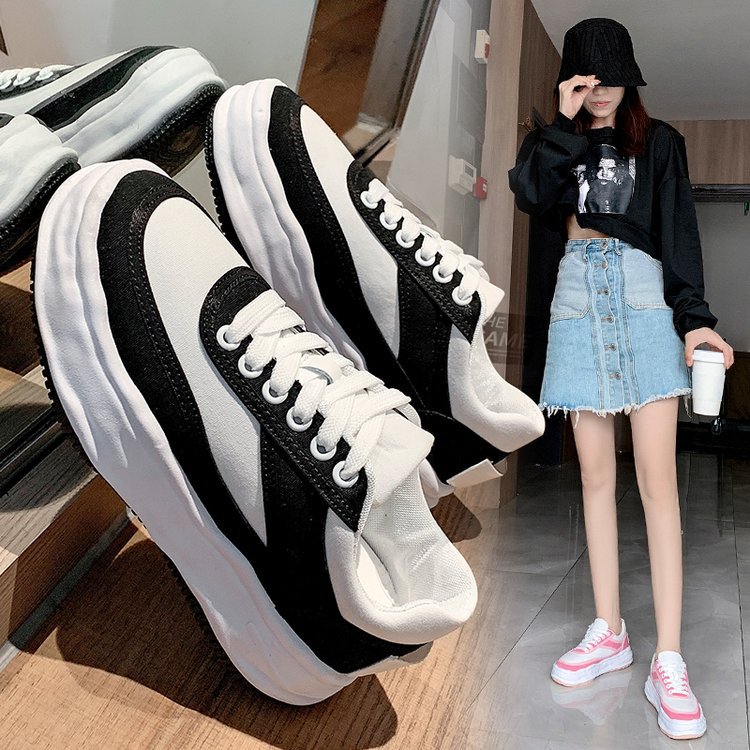 夏季薄款黑色熊猫鞋平色帆布厚底小白鞋运动透气板鞋女