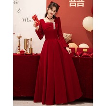 红色晚礼服法式长款新娘裙结婚显瘦小个子可穿宴会气质连衣裙跨境