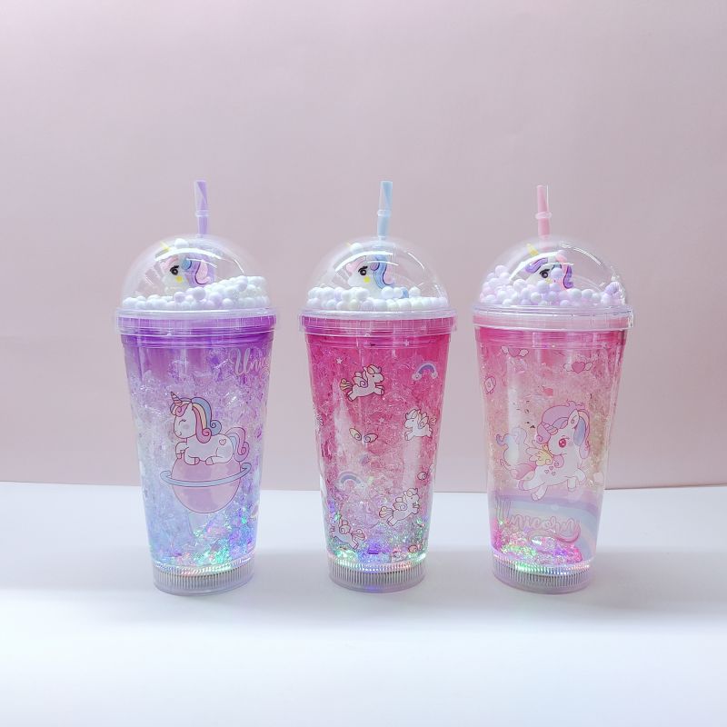 Cross-Border Factory Direct Supply Double Plastic Straw Cup Fashion Creative Unicorn Ice Cupstock